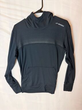 Brooks Black Performance lightweight Hoodie with Subtle Stripe Detail